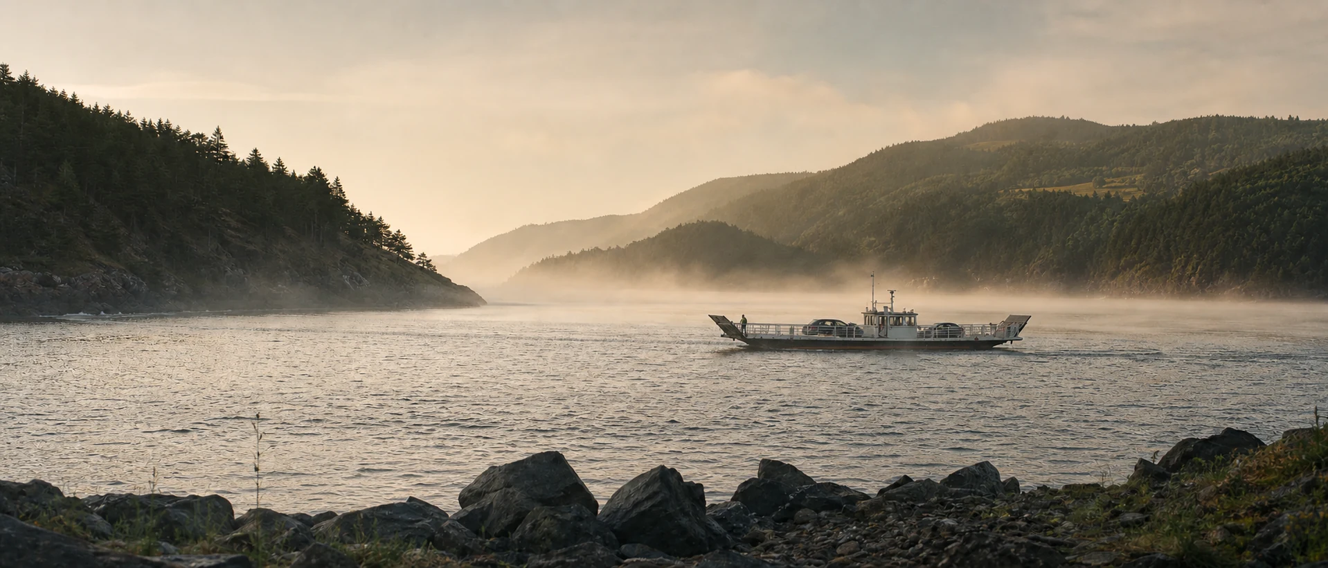 A small car ferry crossing a misty strait at dawn, one figure at the rail