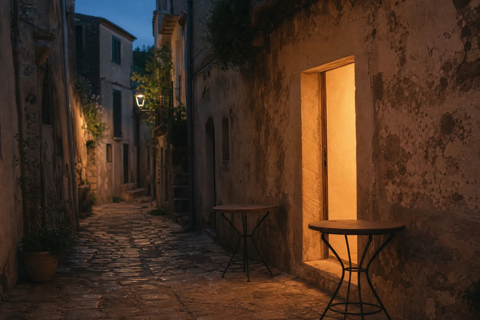 A narrow cobbled lane at dusk, warm light spilling from one unmarked doorway beside two empty cafe tables
